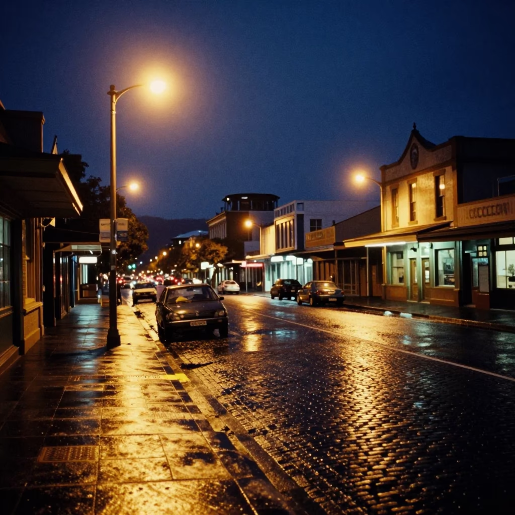 Midnight street scene in Hobart Tasmania with vintage 1990s aesthetics and local architecture in in Hobart, Tasmania, Australia