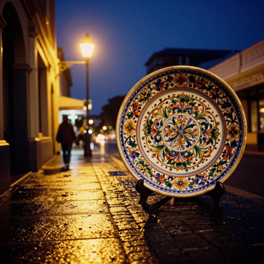 Midnight street scene in Hobart Tasmania with vintage majolica plate and potted geraniums in in Hobart, Tasmania, Australia