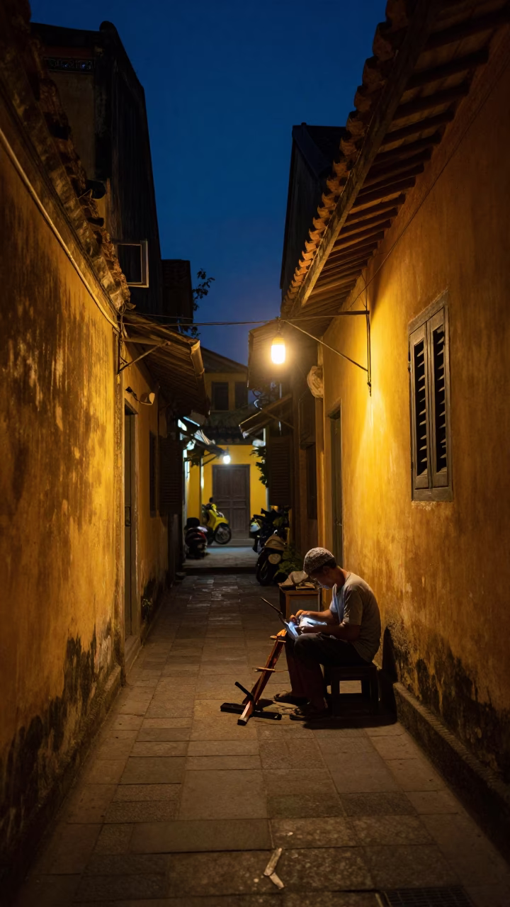 Midnight Street Scene in Hoi An Vietnam with Hand Plane and Awl in in Hoi An, Vietnam
