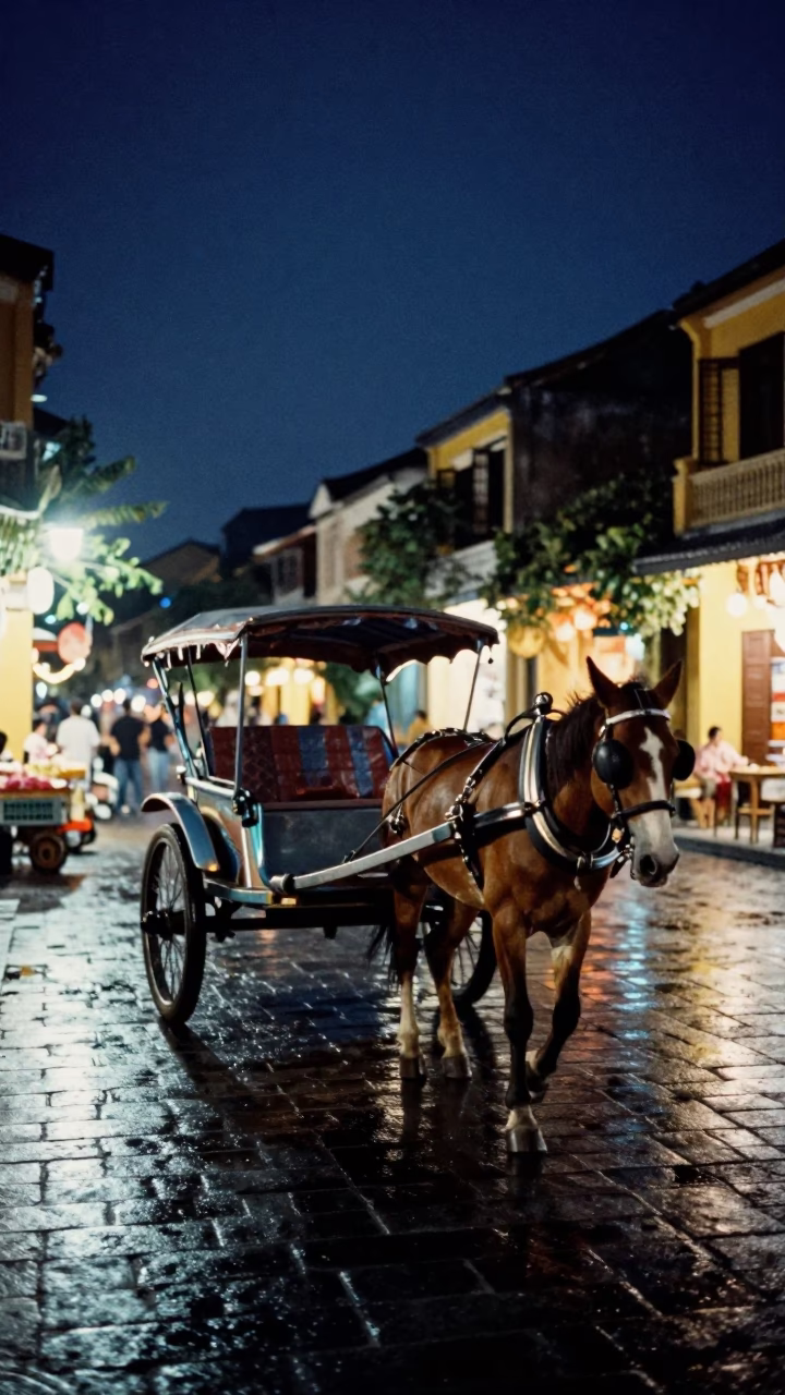 Midnight Street Scene in Hoi An Vietnam with Horse Drawn Cart and Lanterns in in Hoi An, Vietnam