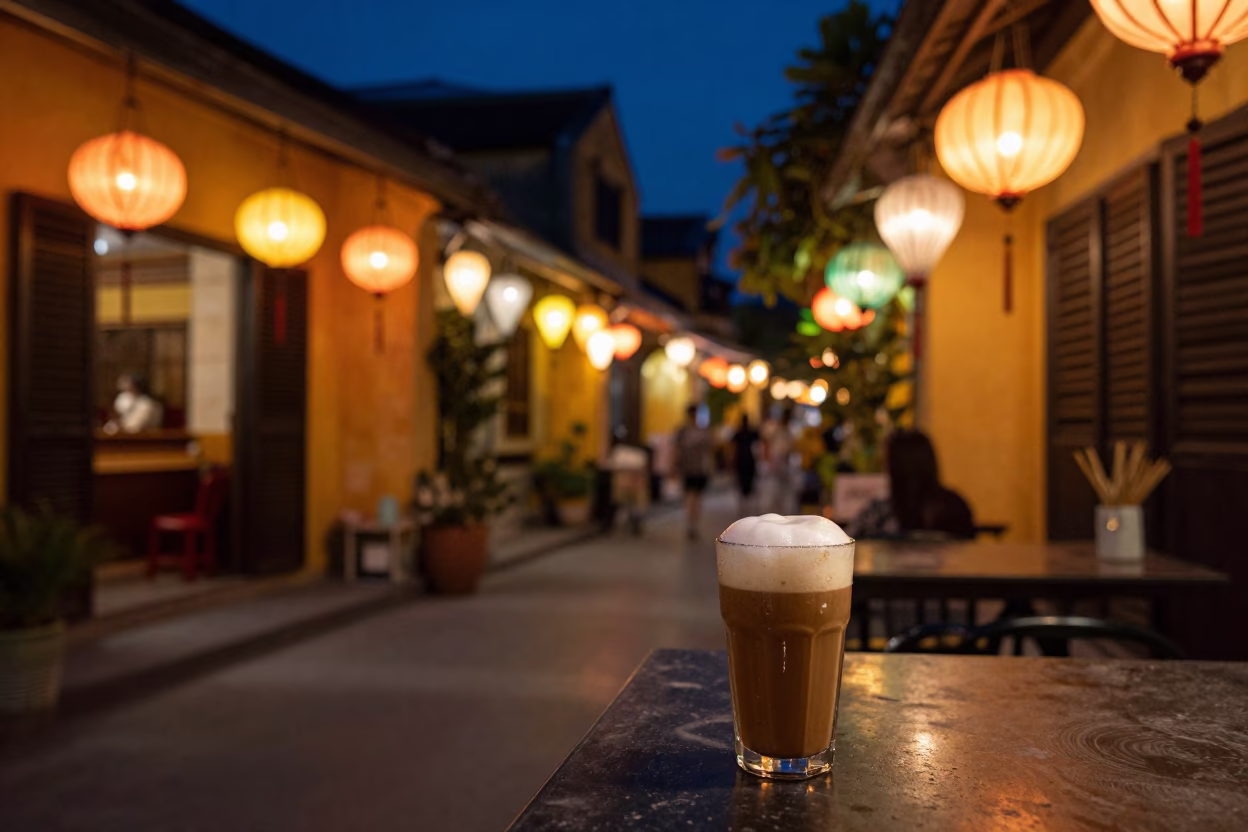 Midnight Street Scene in Hoi An Vietnam with Lanterns and Coffee Shop in in Hoi An, Vietnam