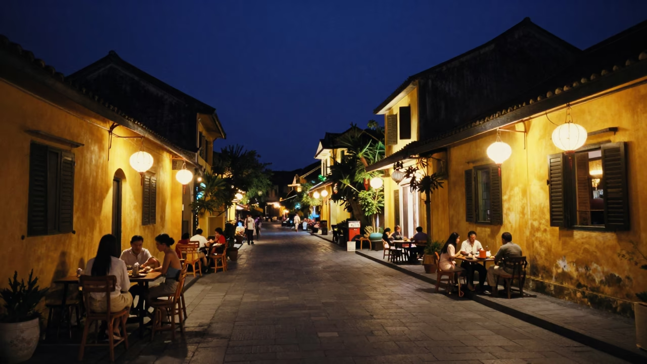 Midnight Street Scene in Hoi An Vietnam with Lanterns and Local Diners in in Hoi An, Vietnam