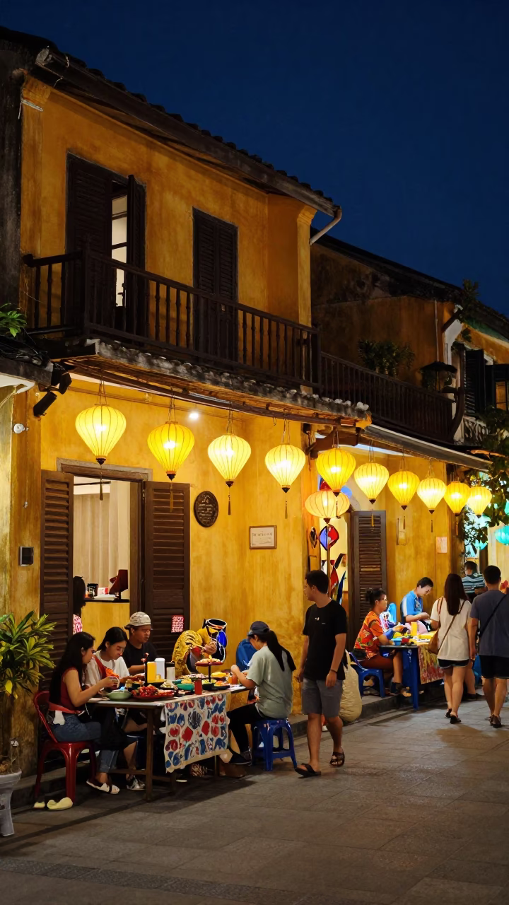 Midnight street scene in Hoi An Vietnam with lanterns and local vendors in in Hoi An, Vietnam