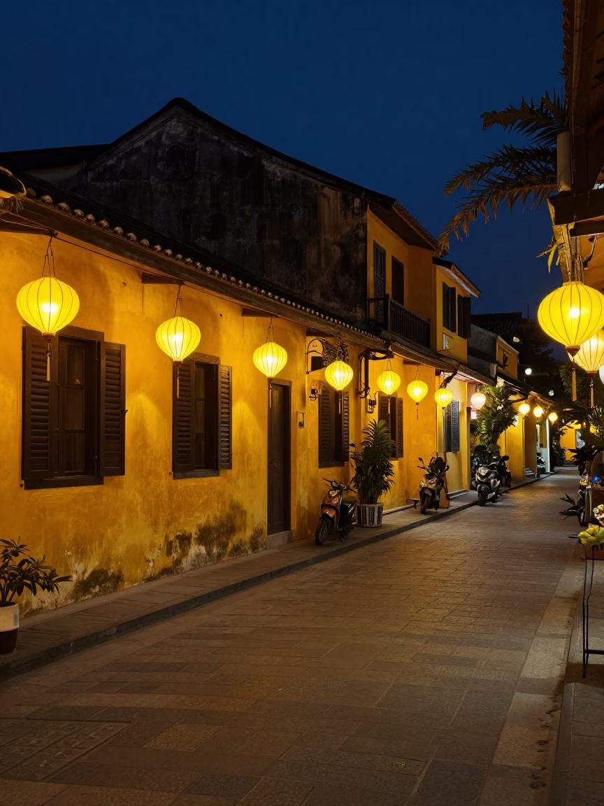 Midnight Street Scene in Hoi An Vietnam with Yellow Lanterns and Cobblestone Alley in in Hoi An, Vietnam