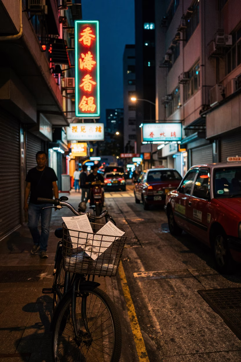 Midnight street scene in Hong Kong with bicycle basket and paper lantern in in Hong Kong, Hong Kong