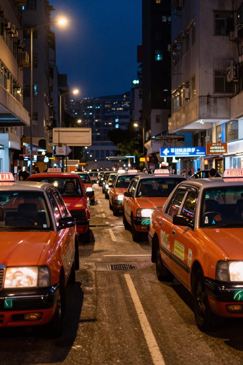 Midnight Street Scene in Hong Kong with Taxi Rank and Urban Details in in Hong Kong, Hong Kong