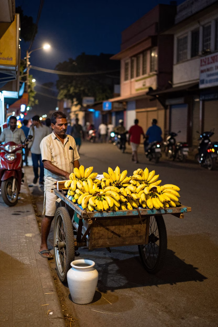 Midnight Street Scene in Hyderabad India with Colorful Bananas and Traditional Wash Basin in in Hyderabad, India