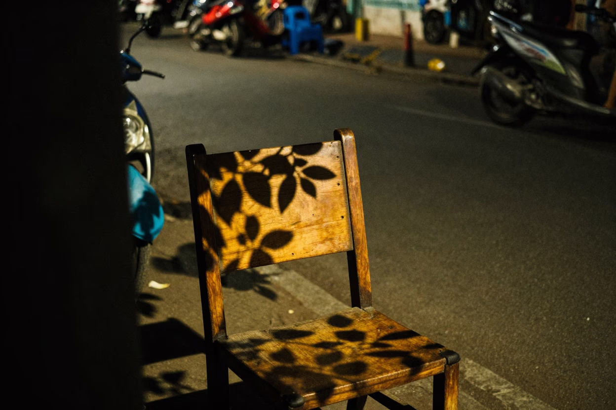 Midnight Street Scene in Hyderabad India with Leaf Shadows and Plastic Basket in in Hyderabad, India