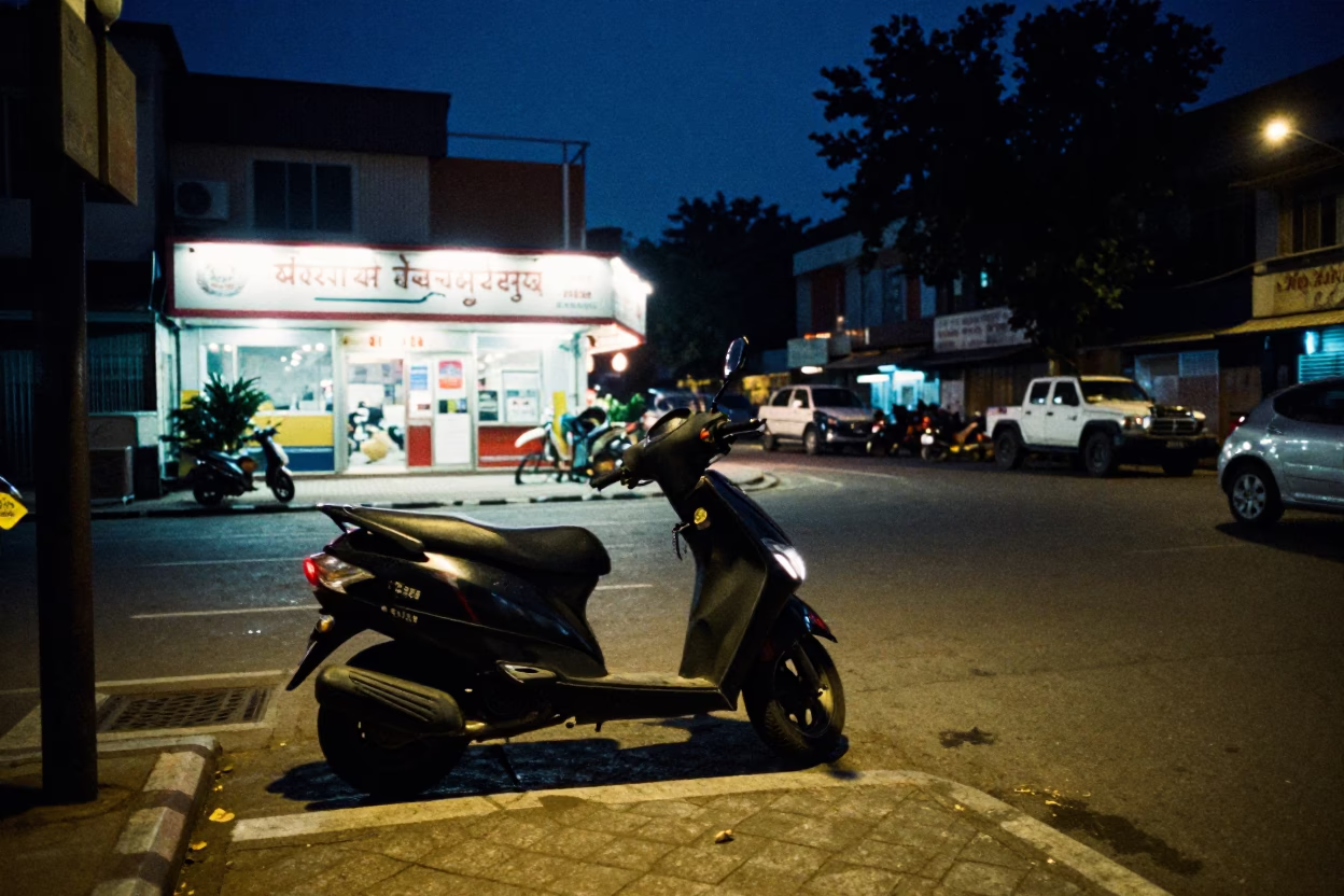 Midnight street scene in Hyderabad India with parked scooter and illuminated shopfront in in Hyderabad, India