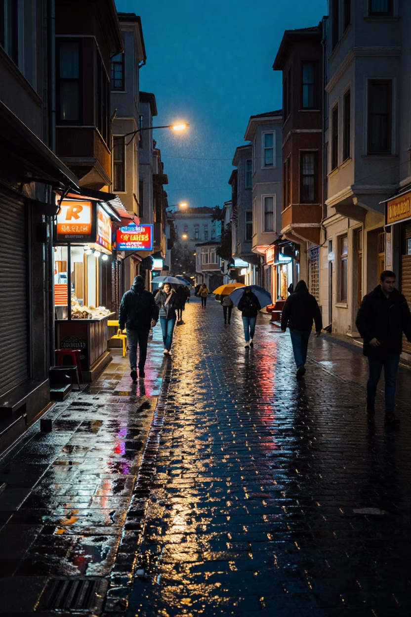 Midnight Street Scene in Istanbul Turkey with Boot Scraper and Urban Details in in Istanbul, Turkey