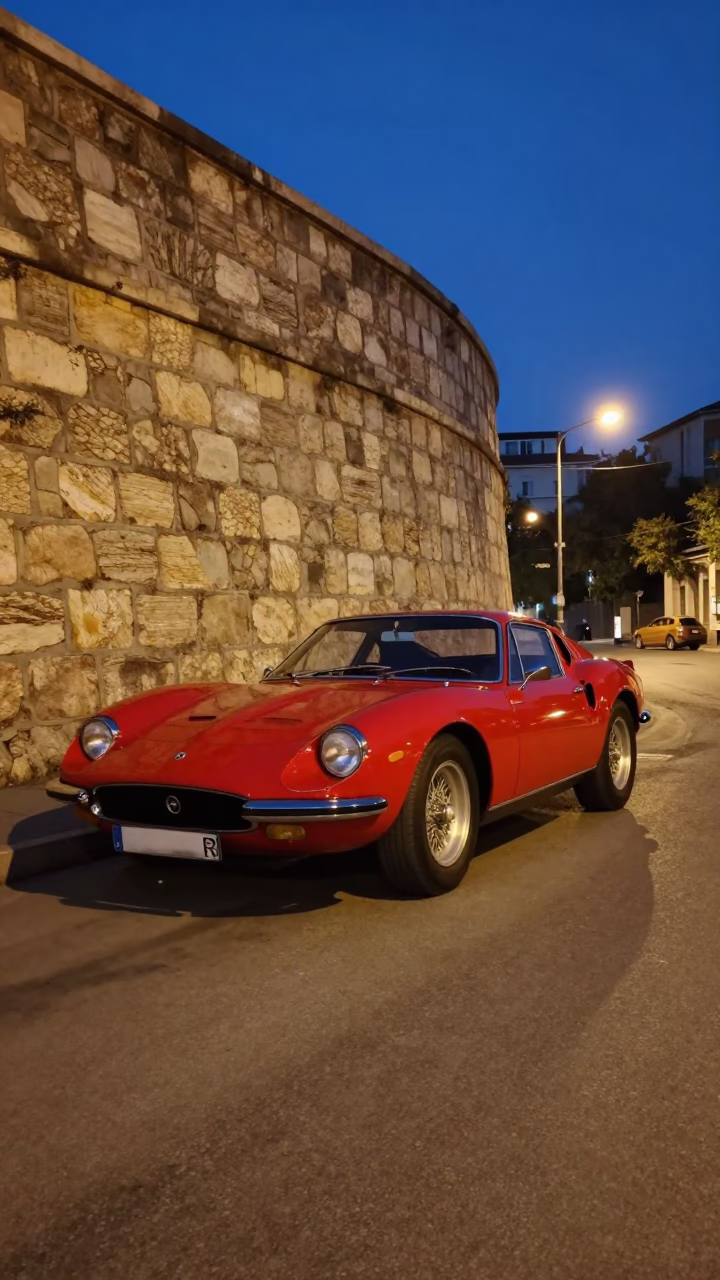 Midnight Street Scene in Istanbul Turkey with Vintage Red Sports Car and Tin Box in in Istanbul, Turkey
