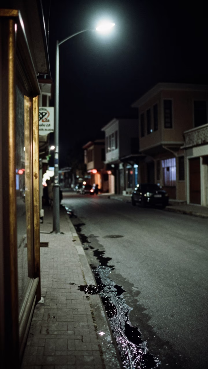 Midnight street scene in Izmir Turkey with brass frame and grease sheen in in Izmir, Turkey