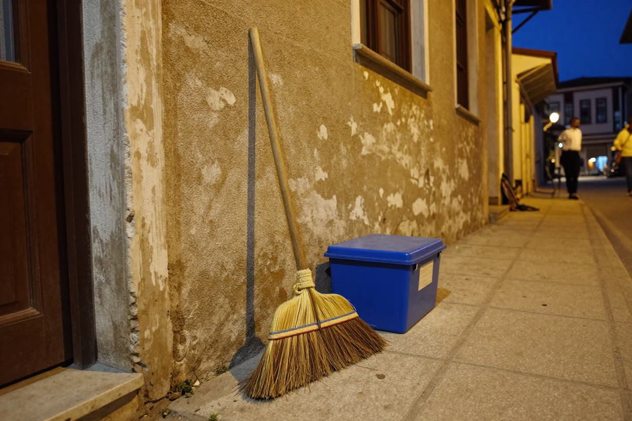 Midnight Street Scene in Izmir Turkey with Broom and File Box in in Izmir, Turkey