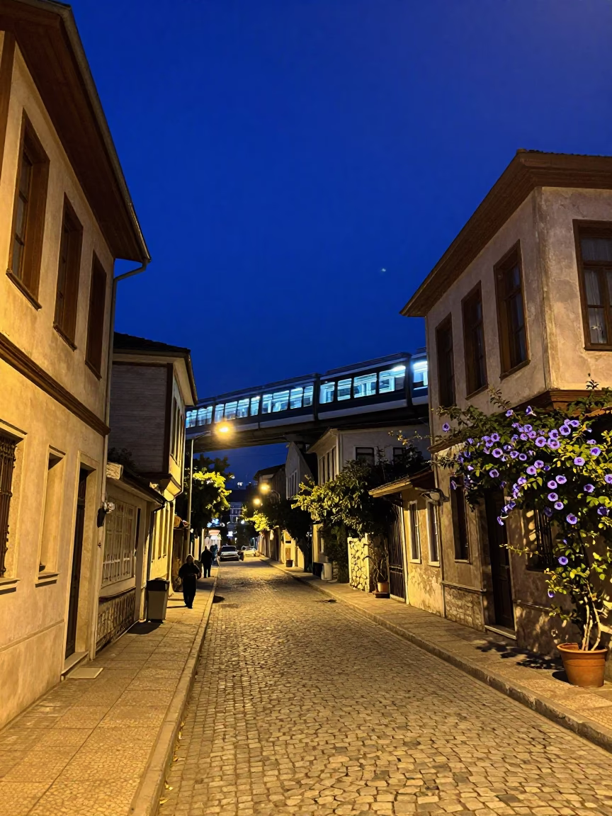 Midnight Street Scene in Izmir Turkey with Monorail and Morning Glory in in Izmir, Turkey