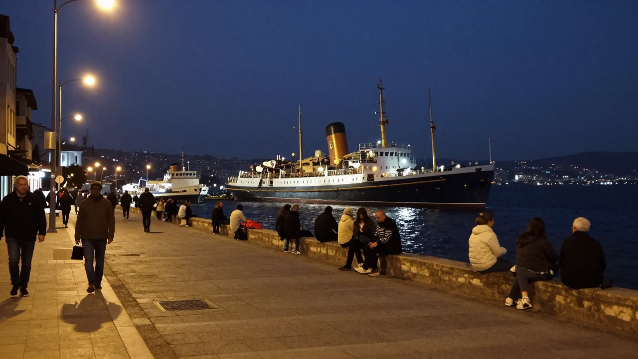 Midnight Street Scene in Izmir Turkey with Steamship and Harbor Lights in in Izmir, Turkey
