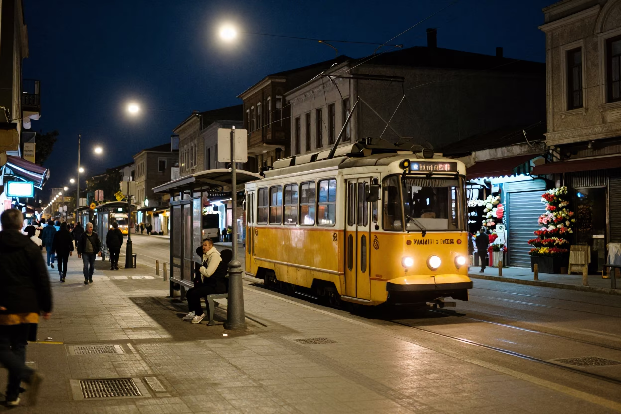 Midnight Street Scene in Izmir Turkey with Tram and Local Urban Elements in in Izmir, Turkey