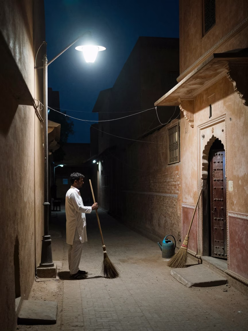 Midnight Street Scene in Jaipur India with Broom and Watering Jug in in Jaipur, India