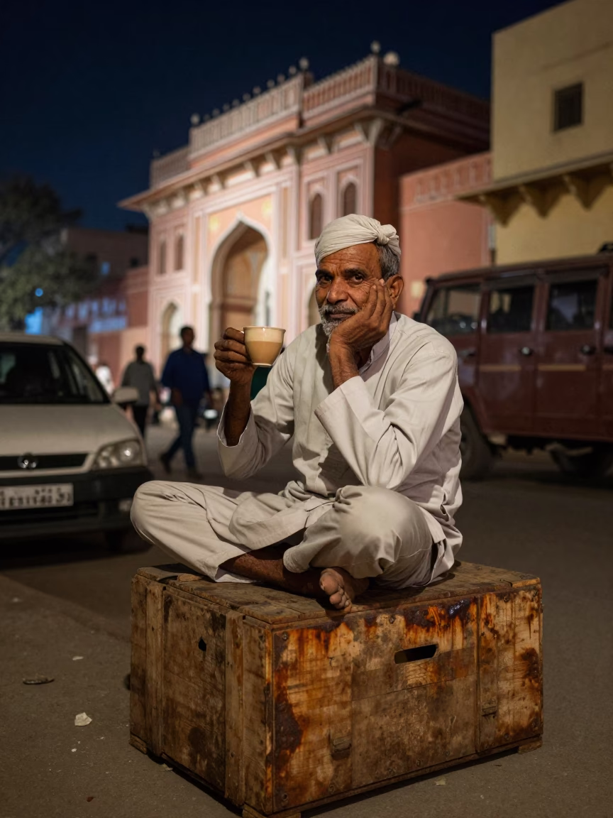 Midnight Street Scene in Jaipur India with Ceramic Cup and Rust in in Jaipur, India
