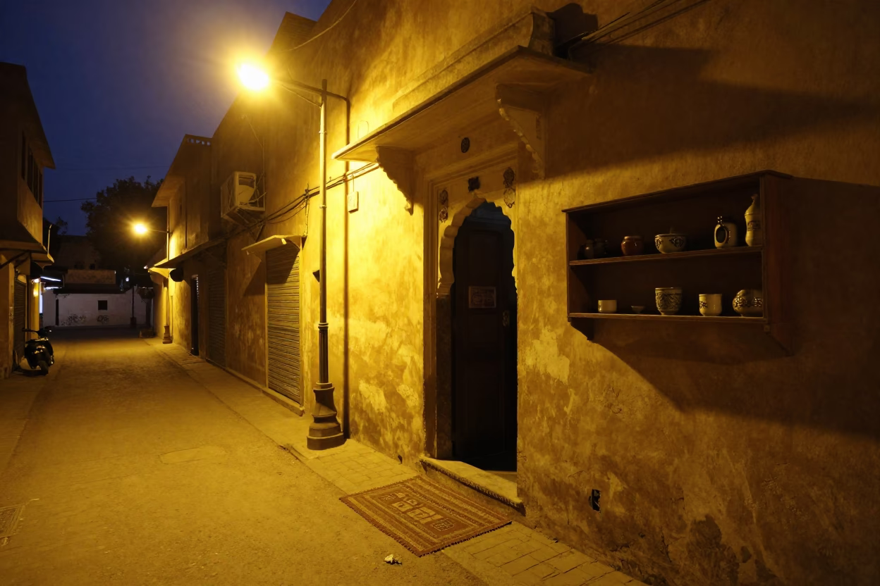 Midnight Street Scene in Jaipur India with Doormat and Wall Shelf in in Jaipur, India