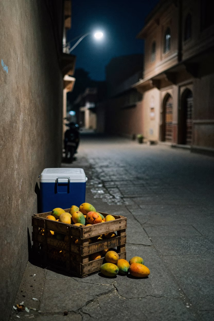 Midnight street scene in Jaipur India with fruit crate and cooler jug in in Jaipur, India