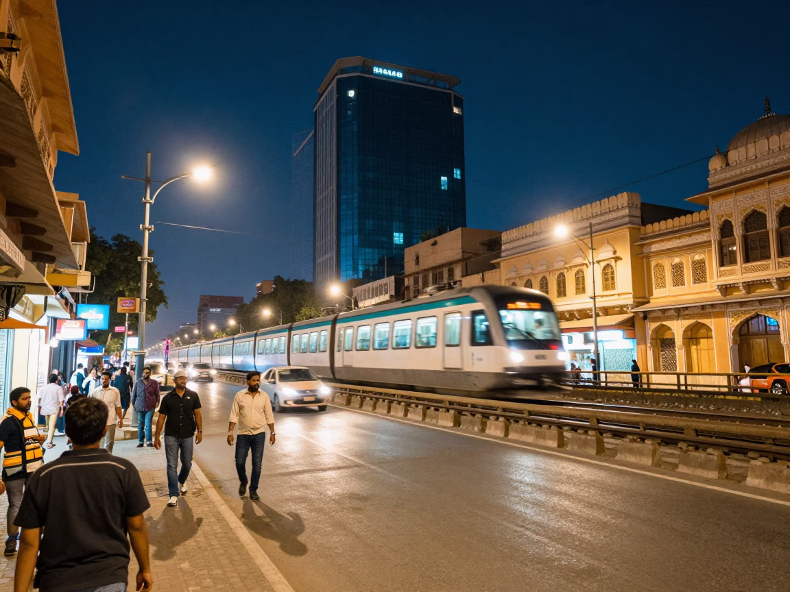 Midnight Street Scene in Jaipur India with Monorail and Urban Architecture in in Jaipur, India