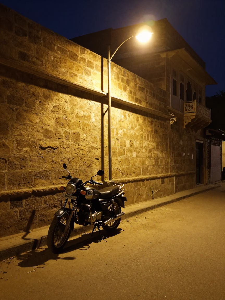Midnight Street Scene in Jaipur India with Motorcycles and Nightlight in in Jaipur, India
