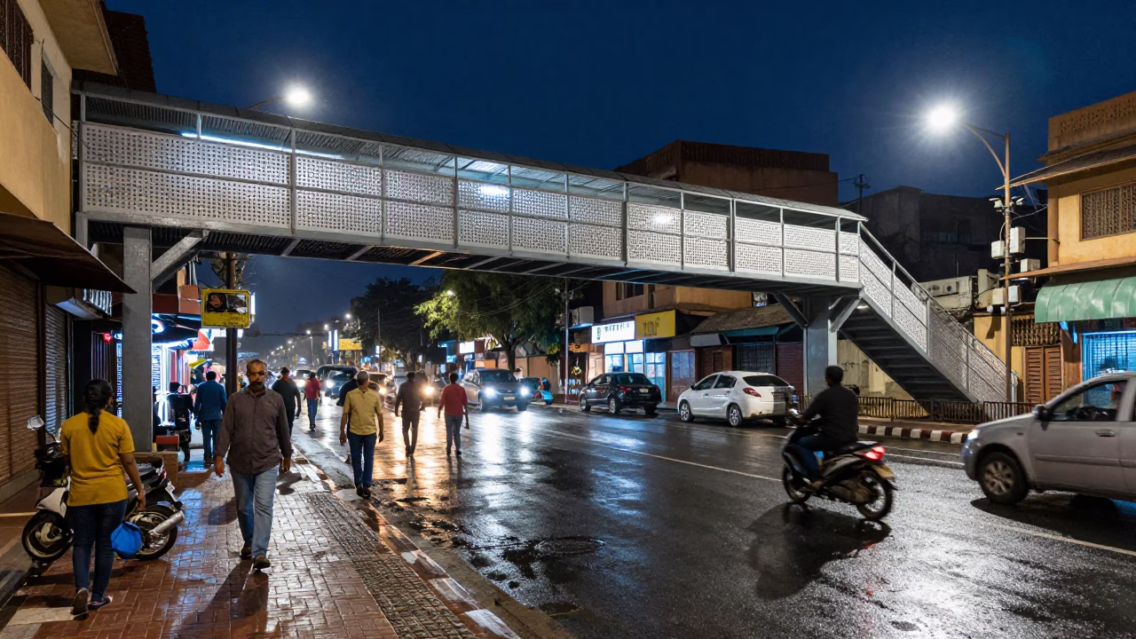 Midnight Street Scene in Jaipur India with Pedestrian Overpass and Urban Activity in in Jaipur, India