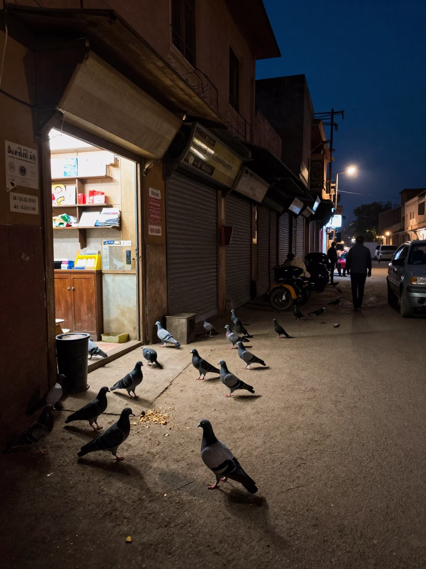 Midnight Street Scene in Jaipur India with Pigeons and Local Life in in Jaipur, India