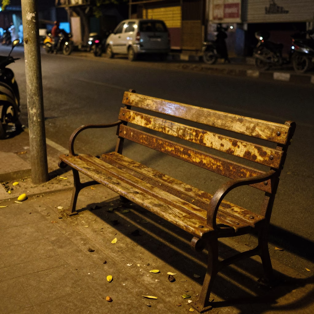 Midnight Street Scene in Jaipur India with Rust Bench and Pickle Jar in in Jaipur, India
