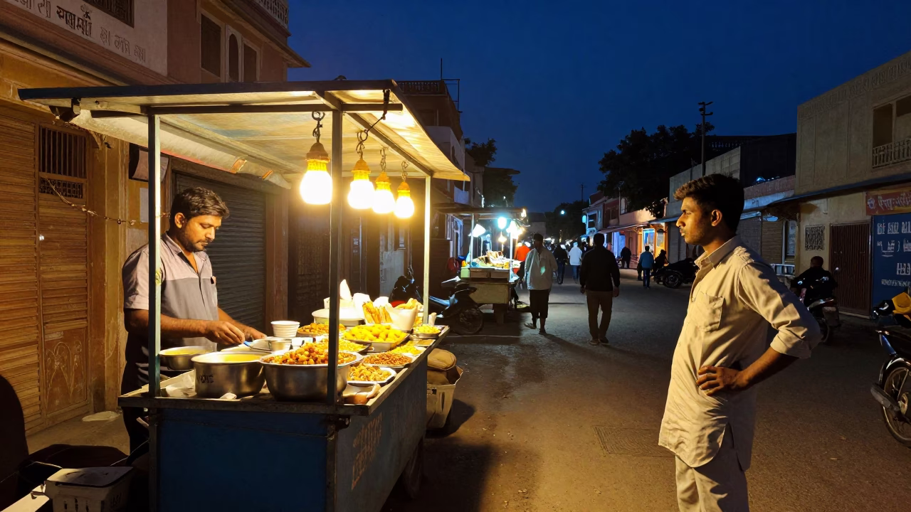 Midnight Street Scene in Jaipur India with Street Food Stall and Basketball in in Jaipur, India