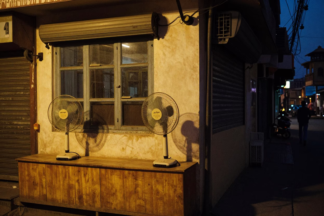 Midnight Street Scene in Jaipur India with Table Fans and Window Light on Latch in in Jaipur, India