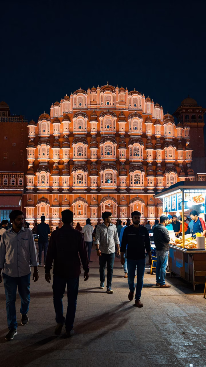 Midnight Street Scene in Jaipur India with Vibrant Neon Lights and Traditional Architecture in in Jaipur, India