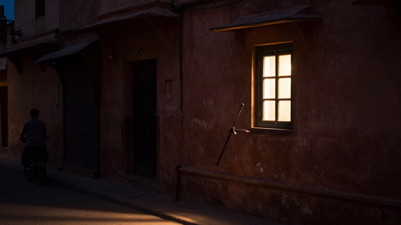 Midnight Street Scene in Jaipur India with Window Light on Latch and Paperbacks in in Jaipur, India
