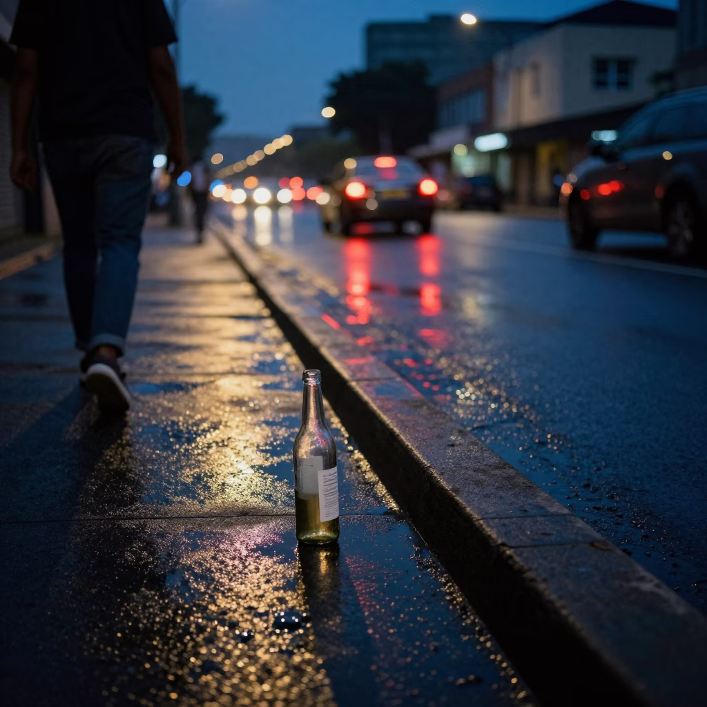 Midnight Street Scene in Johannesburg South Africa with Bottle and Taillight Reflections in in Johannesburg, South Africa