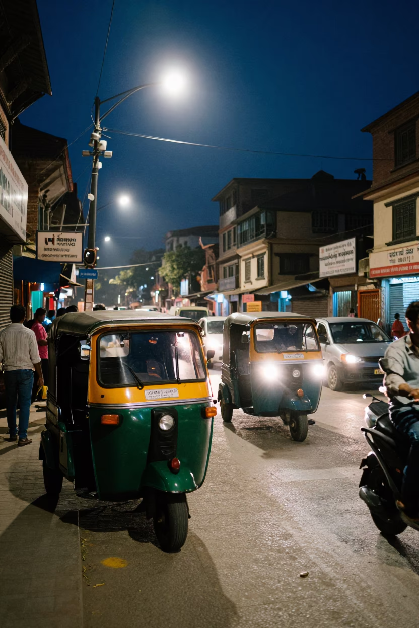 Midnight Street Scene in Kathmandu Nepal with Auto Rickshaw and Local Activity in in Kathmandu, Nepal