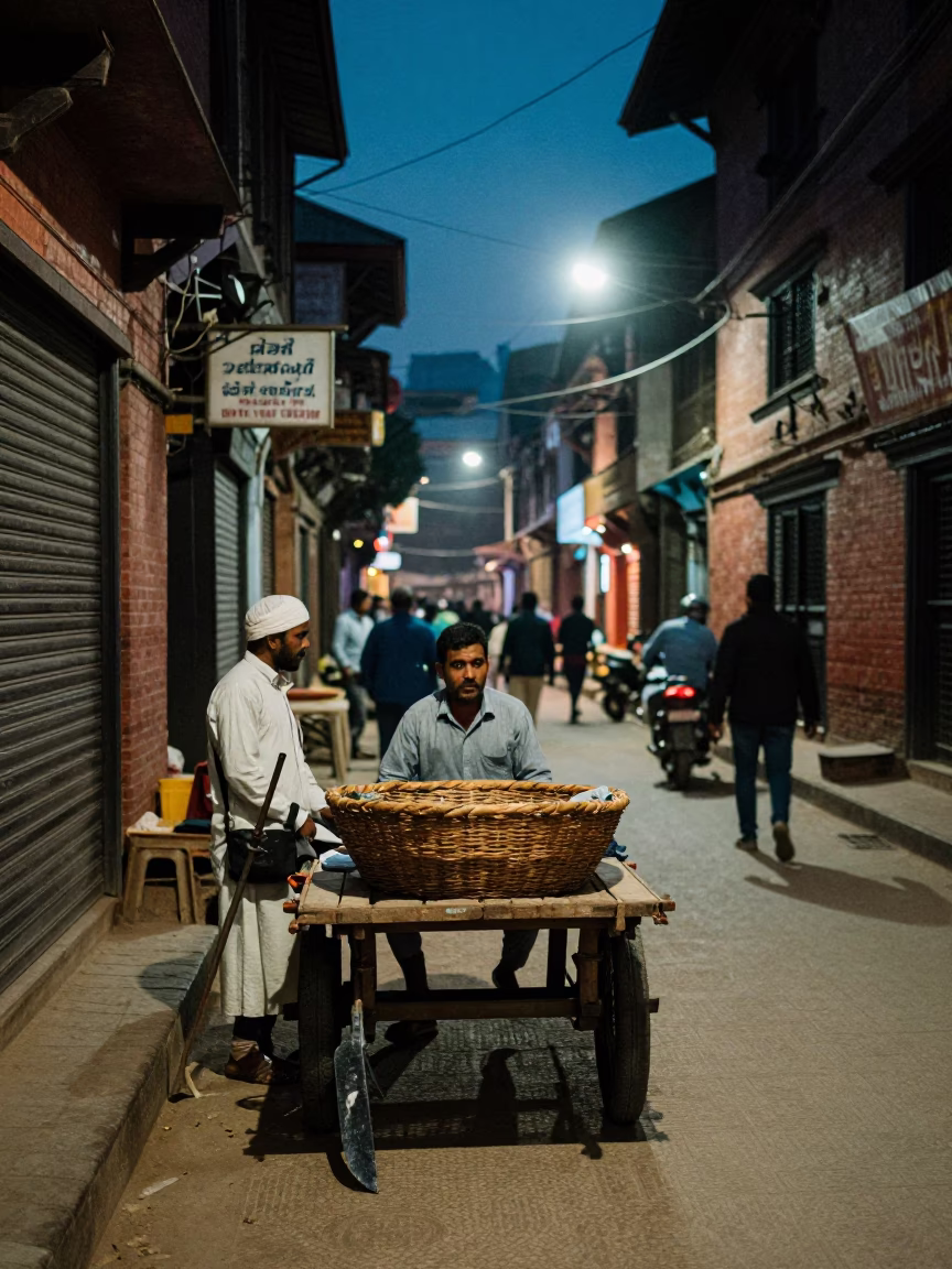 Midnight Street Scene in Kathmandu Nepal with Basket and Crowbar in in Kathmandu, Nepal