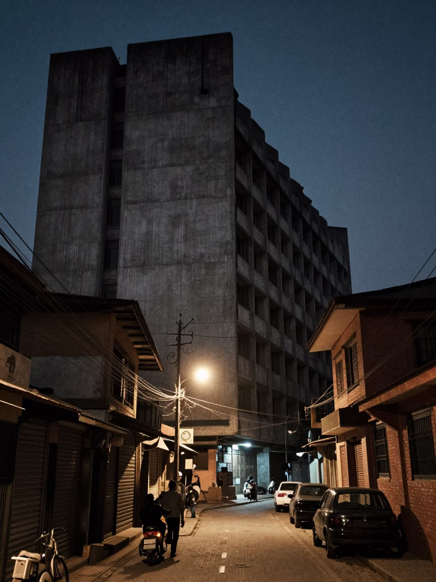 Midnight Street Scene in Kathmandu Nepal with Concrete Brutalist Building and Laundry Basket in in Kathmandu, Nepal