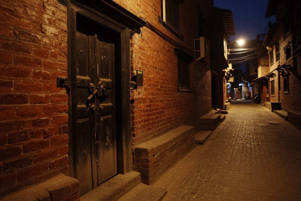 Midnight street scene in Kathmandu Nepal with iron deadbolt and quiet urban life in in Kathmandu, Nepal
