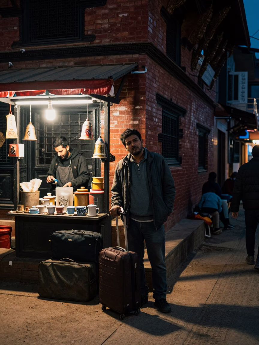 Midnight Street Scene in Kathmandu Nepal with Luggage and Local Details in in Kathmandu, Nepal