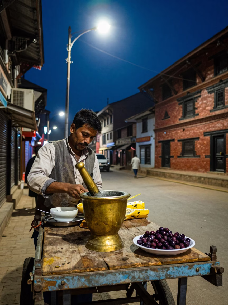 Midnight Street Scene in Kathmandu Nepal with Mortar Pestle and Olives in in Kathmandu, Nepal