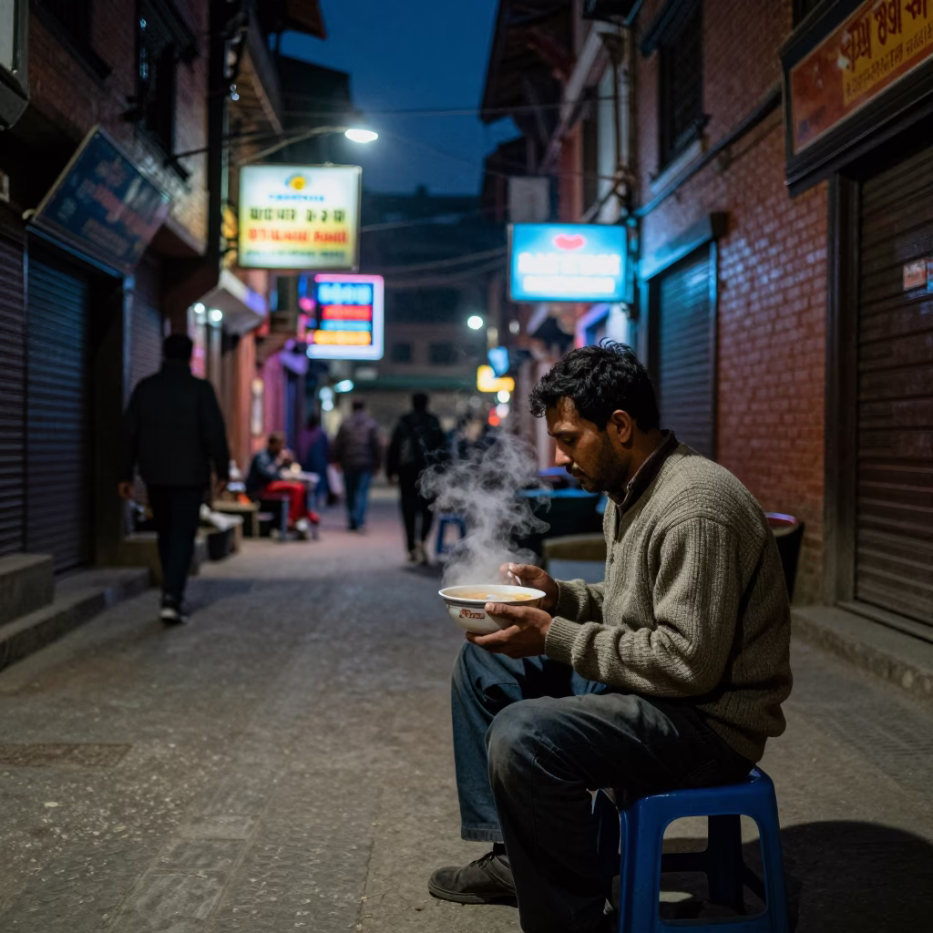 Midnight street scene in Kathmandu Nepal with neon signs and local traffic in in Kathmandu, Nepal