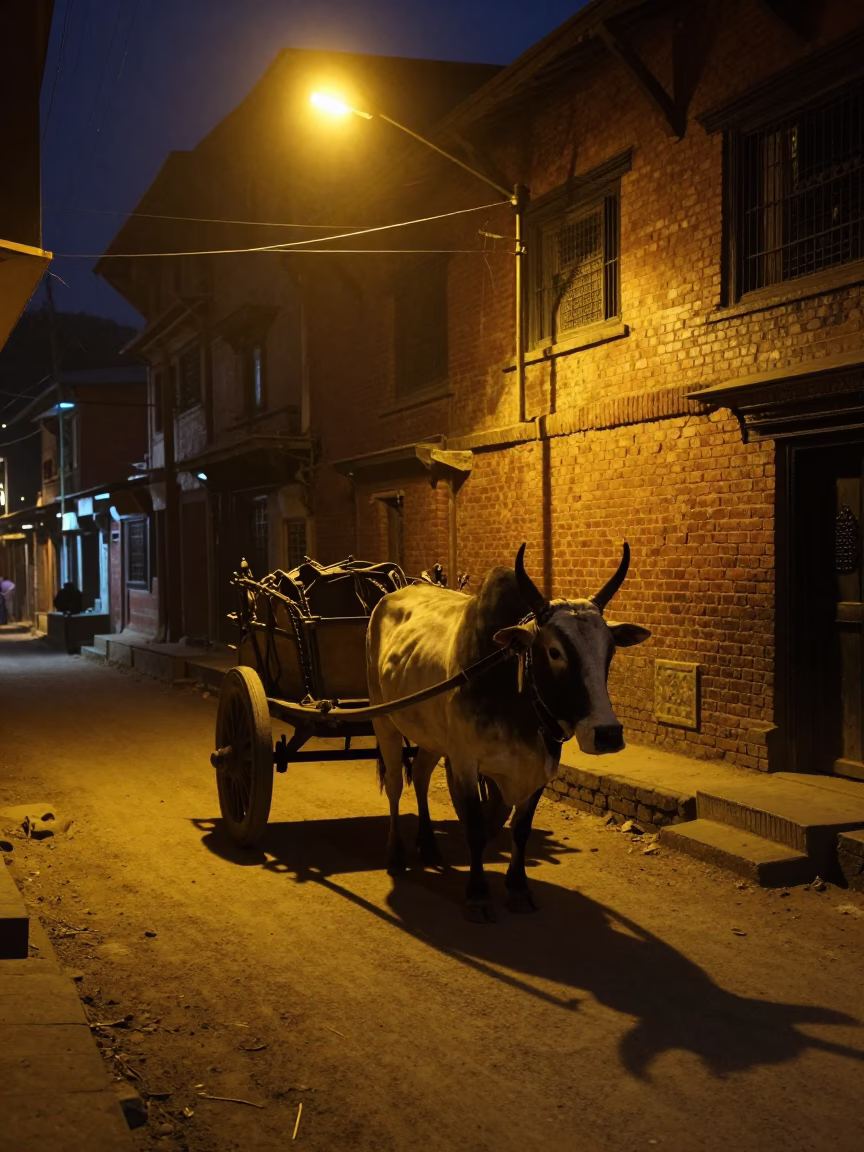 Midnight street scene in Kathmandu Nepal with ox cart and dusty road in in Kathmandu, Nepal