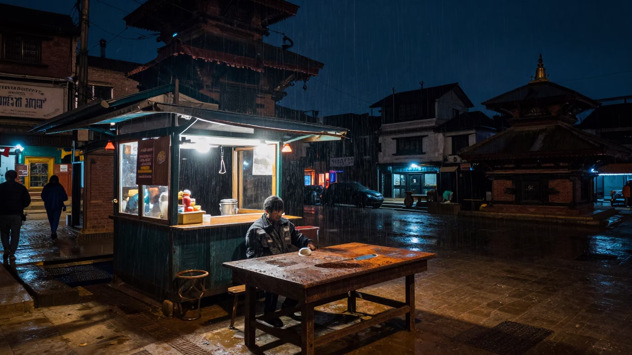 Midnight Street Scene in Kathmandu Nepal with Rusty Table and Rain Peonys in in Kathmandu, Nepal