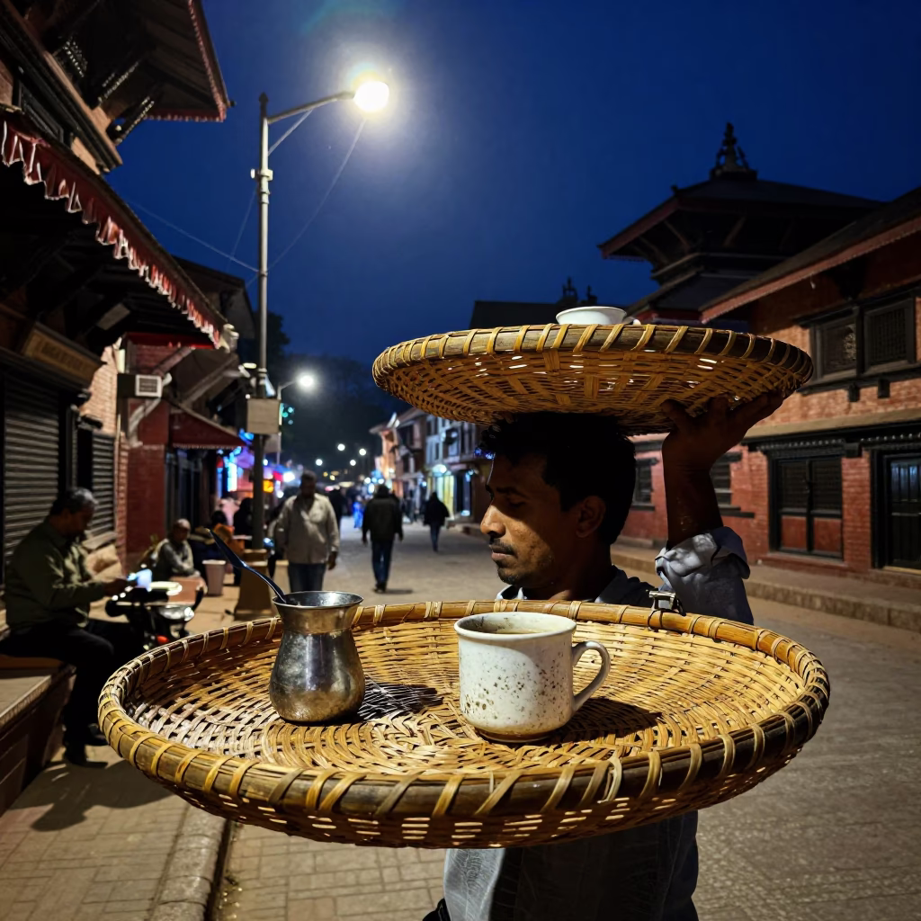Midnight Street Scene in Kathmandu Nepal with Traditional Basket Tray and Tea Infuser Spoon in in Kathmandu, Nepal
