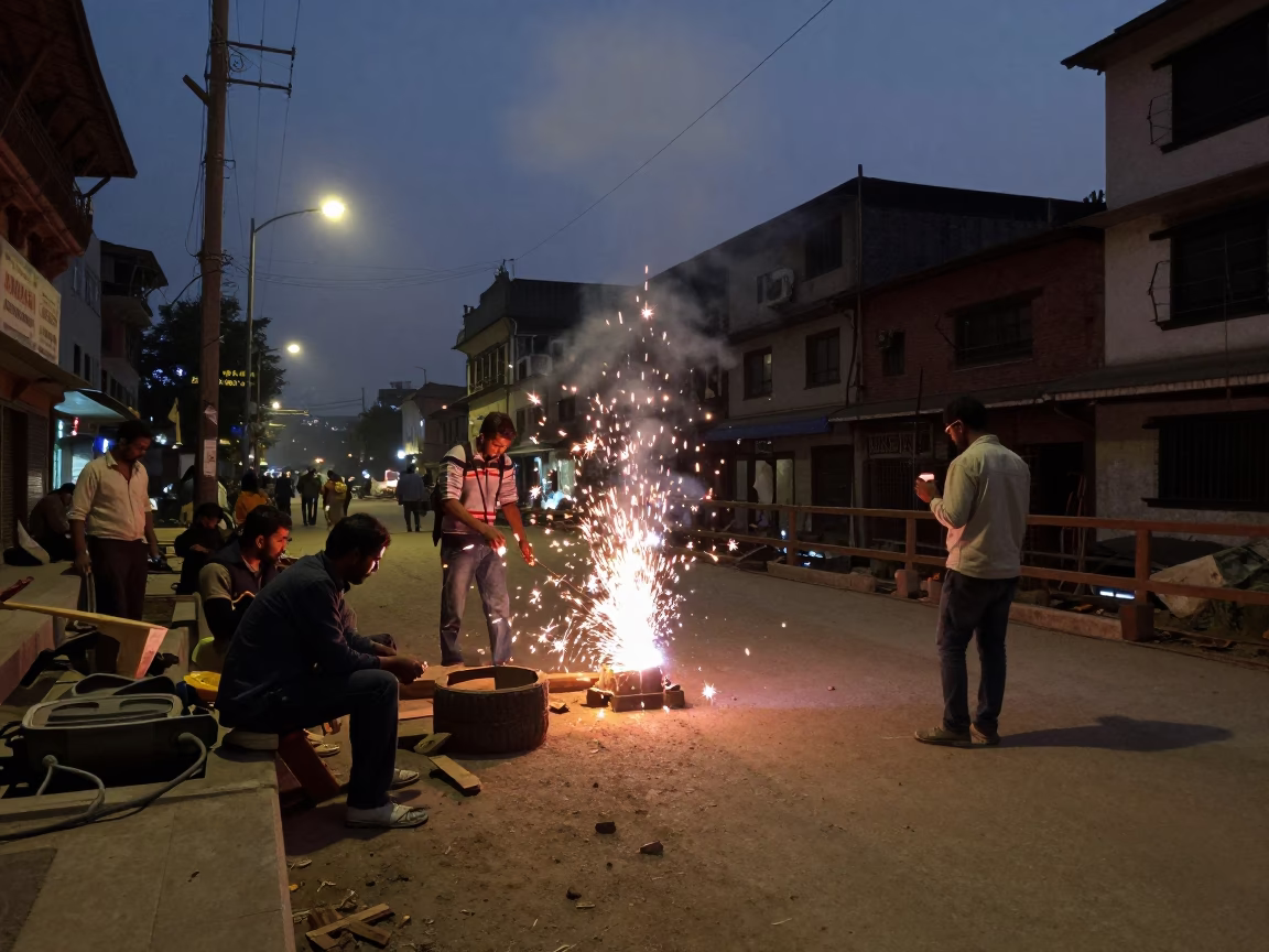 Midnight Street Scene in Kathmandu Nepal with Welding Sparks and Local Activity in in Kathmandu, Nepal