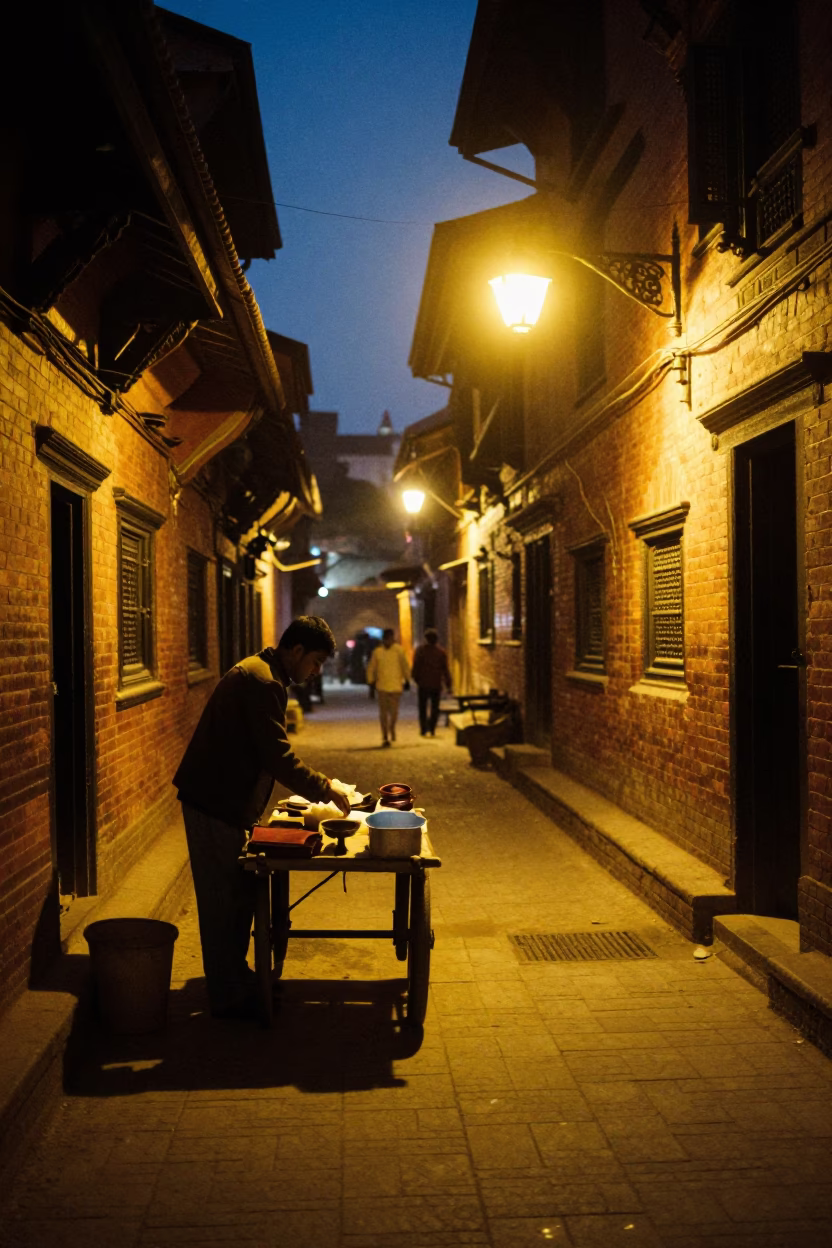 Midnight street scene in Kathmandu with glowing lantern and local vendor at night in in Kathmandu, Nepal