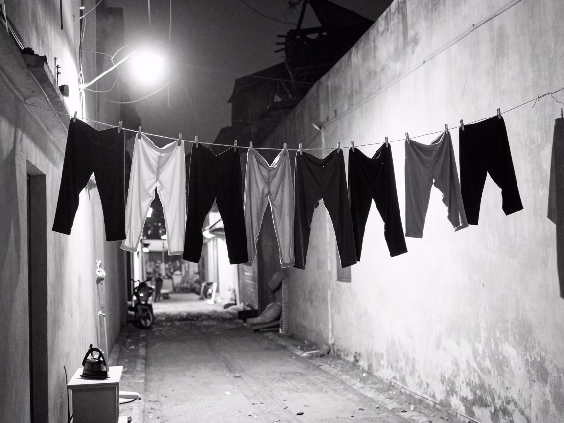 Midnight Street Scene in Kochi India with Hanging Laundry and Iron Hooks in in Kochi, India