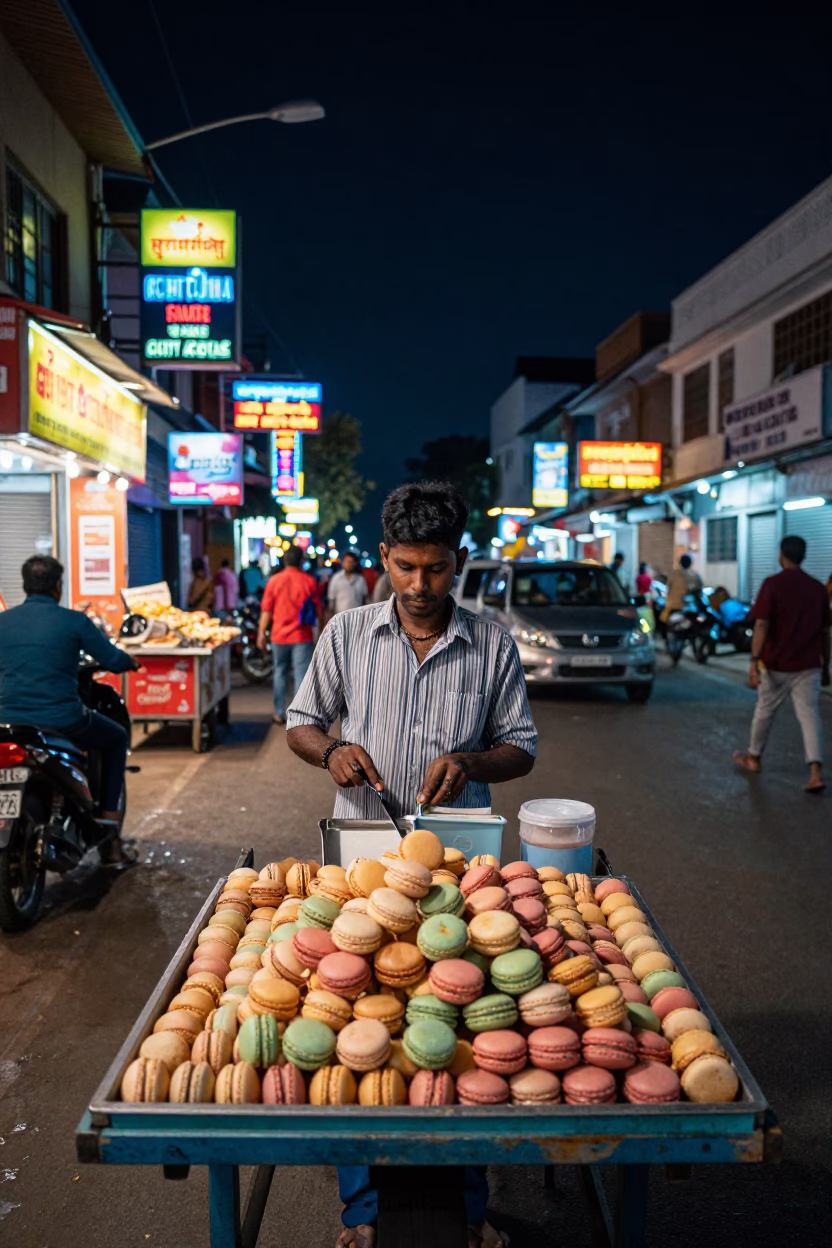 Midnight Street Scene in Kochi India with Neon Lights and Local Life in in Kochi, India