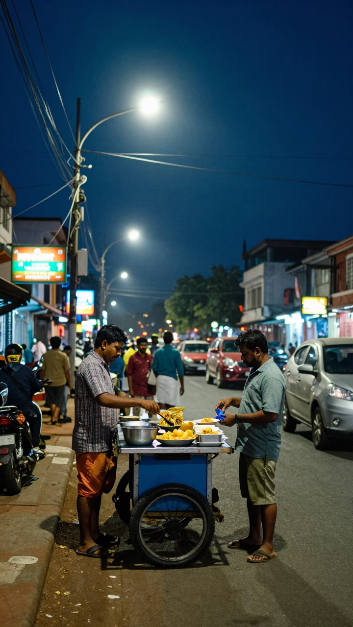 Midnight Street Scene in Kochi India with Neon Signs and Busy Traffic in in Kochi, India
