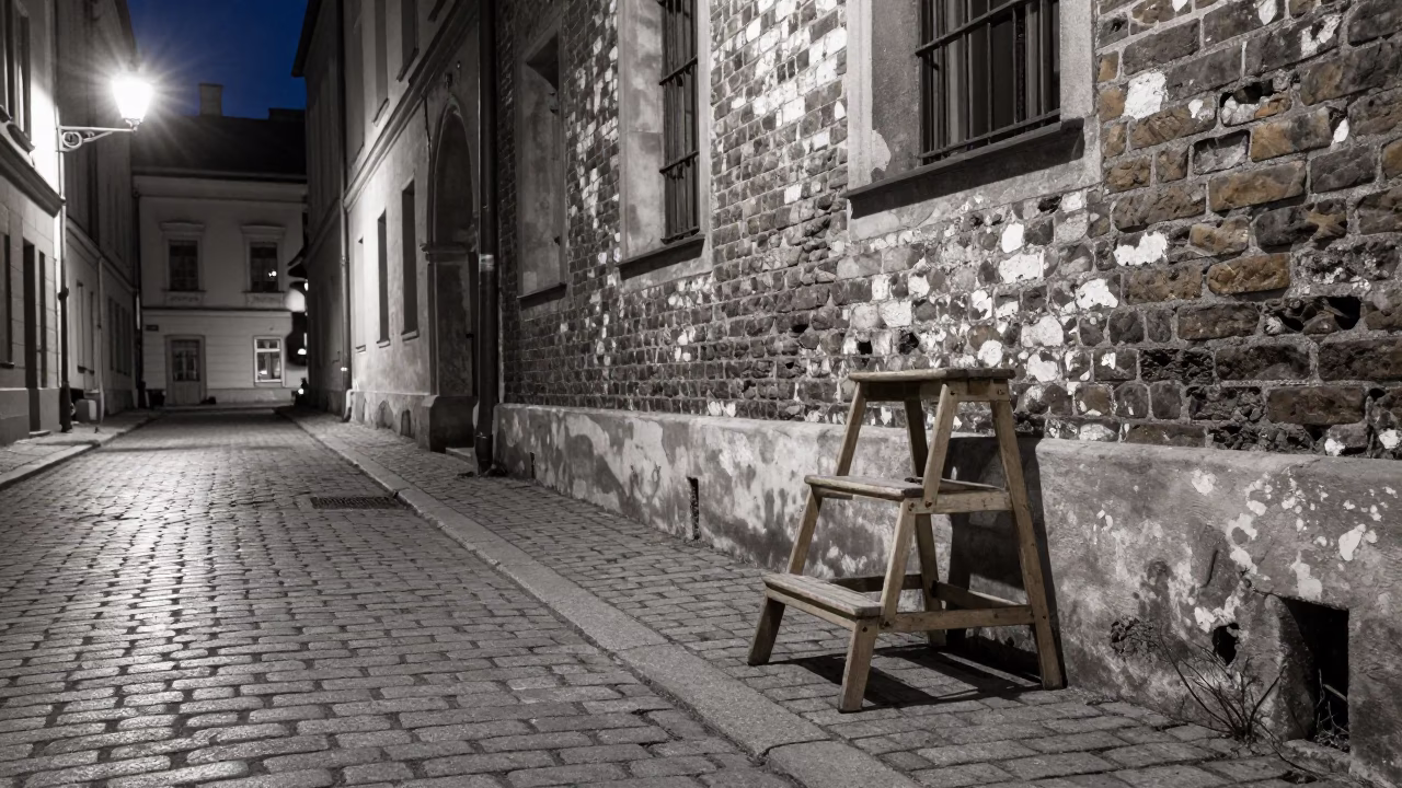 Midnight Street Scene in Krakow Poland with Abandoned Step Stools and Urban Decay in in Krakow, Poland